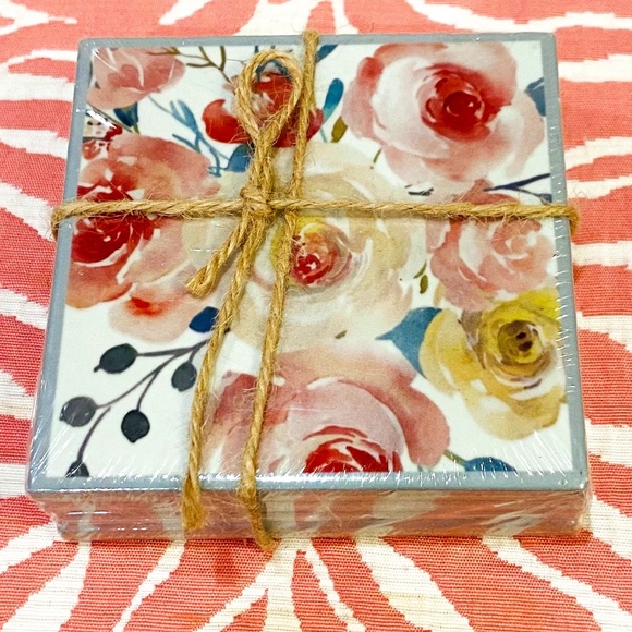 J14-BUNDLE ONLY-NEW Floral Coaster Set of Four with Cork Backing - Picture 1 of 7